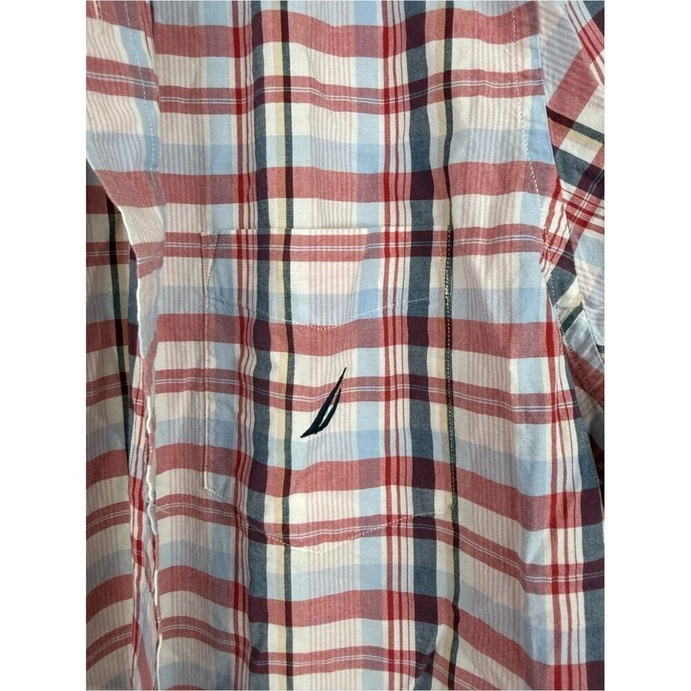 Nautica tshirt Short Sleeve Plaid Button-Up Shirt in Red, Blue, White